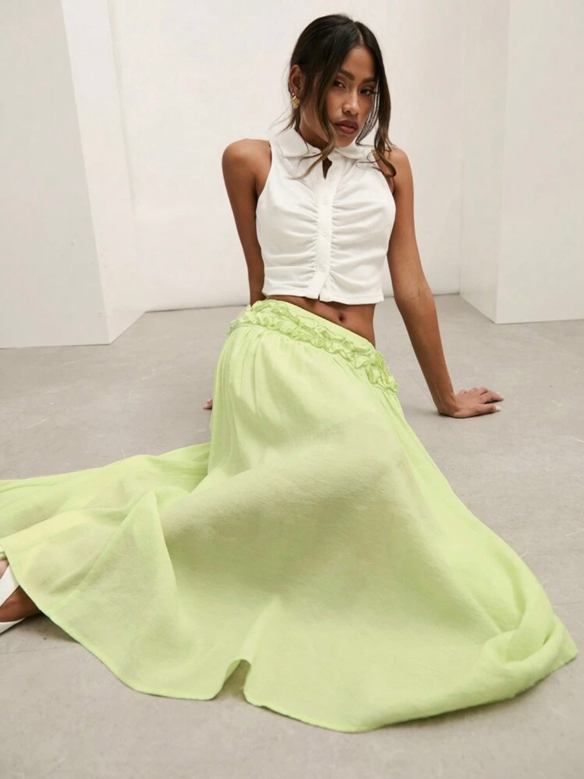 CM-BS715664 Women Trendy Bohemian Style Plain Minimalist Frill Trim Skirt - Lime Green