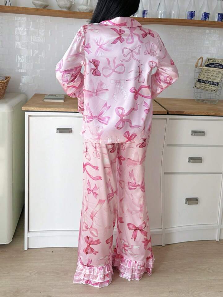 CM-LS386810 Women Trendy Seoul Style Bow Tie V-Neck Long Sleeve Satin Collar Pajama Set