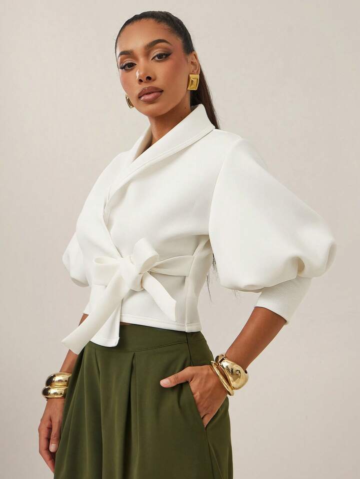 CM-TS619000 Women Elegant Seoul Style Solid Color Puff Sleeve Self Tie Wrap Around Top - White