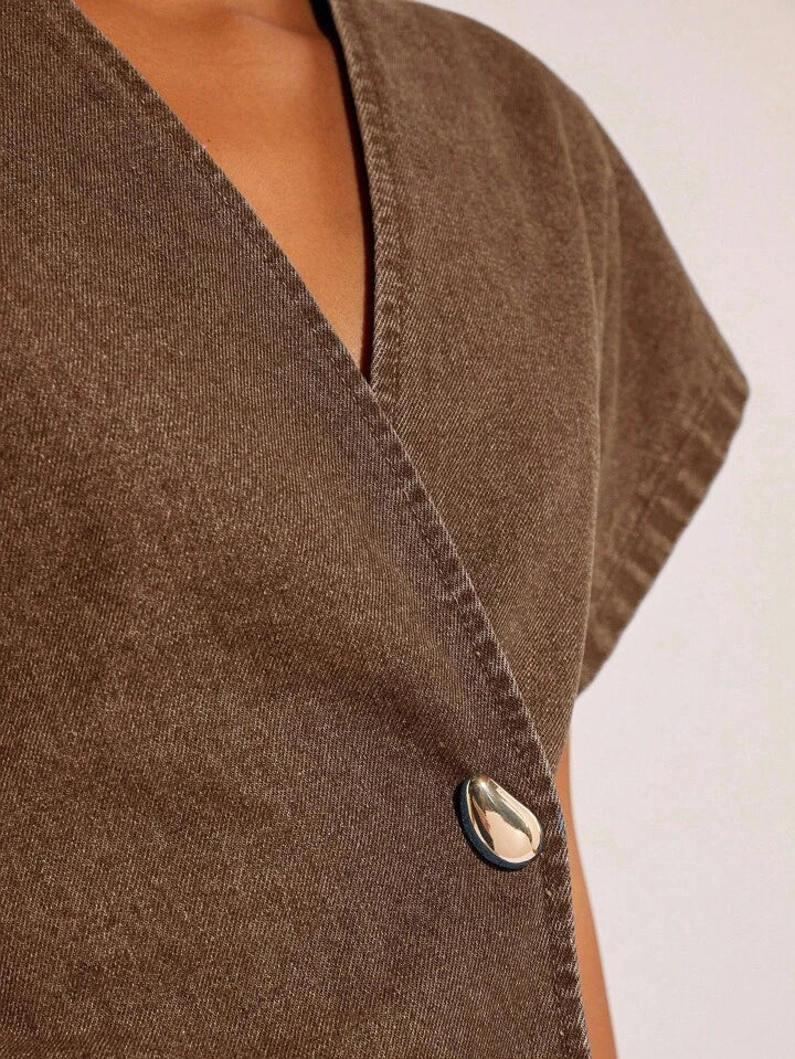 CM-TS555848 Women Casual Seoul Style Single-Button V-Neck Batwing Sleeve Denim Blouse - Brown