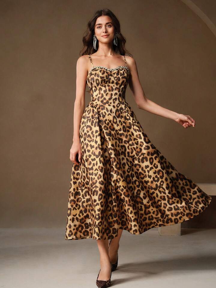 CM-DS030246 Women Elegant Seoul Style Spaghetti Strap Leopard Print Rhinestone Embellished Midi Dress