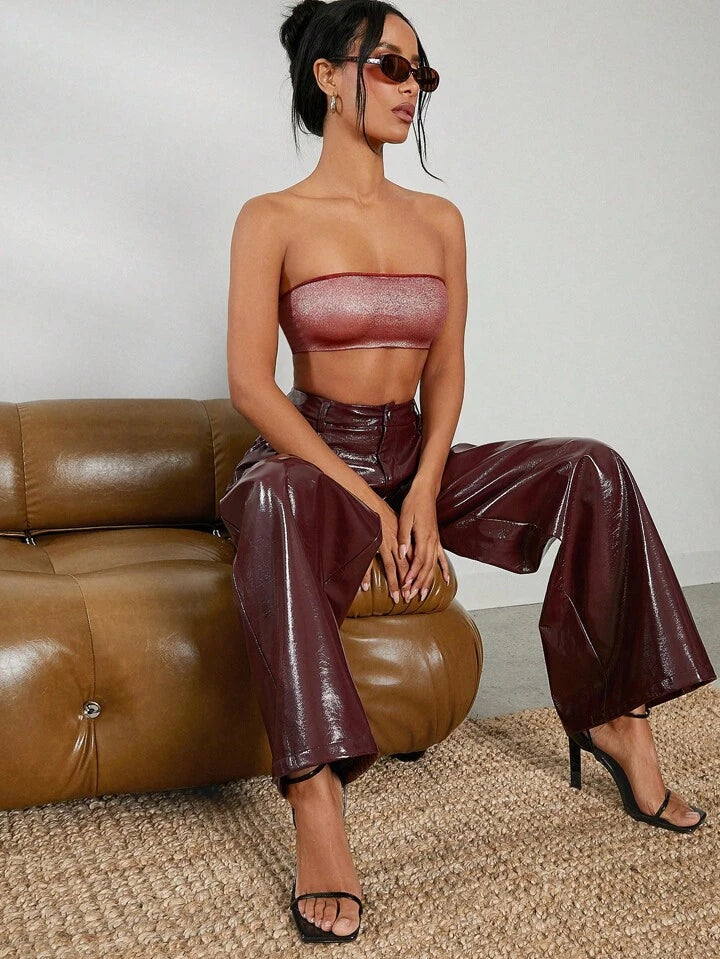 CM-BS499510 Women Elegant Seoul Style Slant Pocket PU Leather Wide Leg Pants - Burgundy