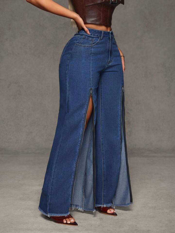 CM-BS131008 Women Casual Seoul Style Zipper Pocket Loose Wide Leg Jeans - Blue