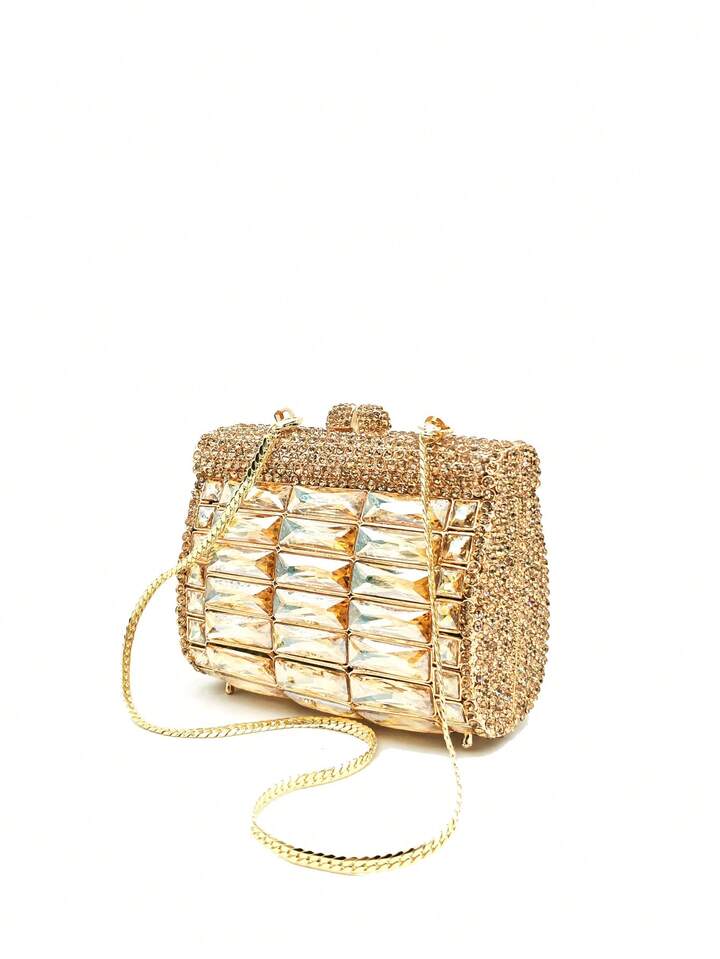 CM-BGS417135 Women Elegant Seoul Style Mini Square Gold Rhinestone Hollow Out Crystal Clutch Bag - Gold