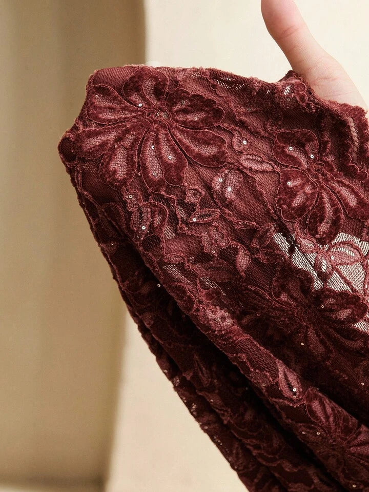 CM-TS377738 Women Elegant Seoul Style V-Neck Velvet Lace Ruffle Trim Long Sleeve Blouse - Burgundy