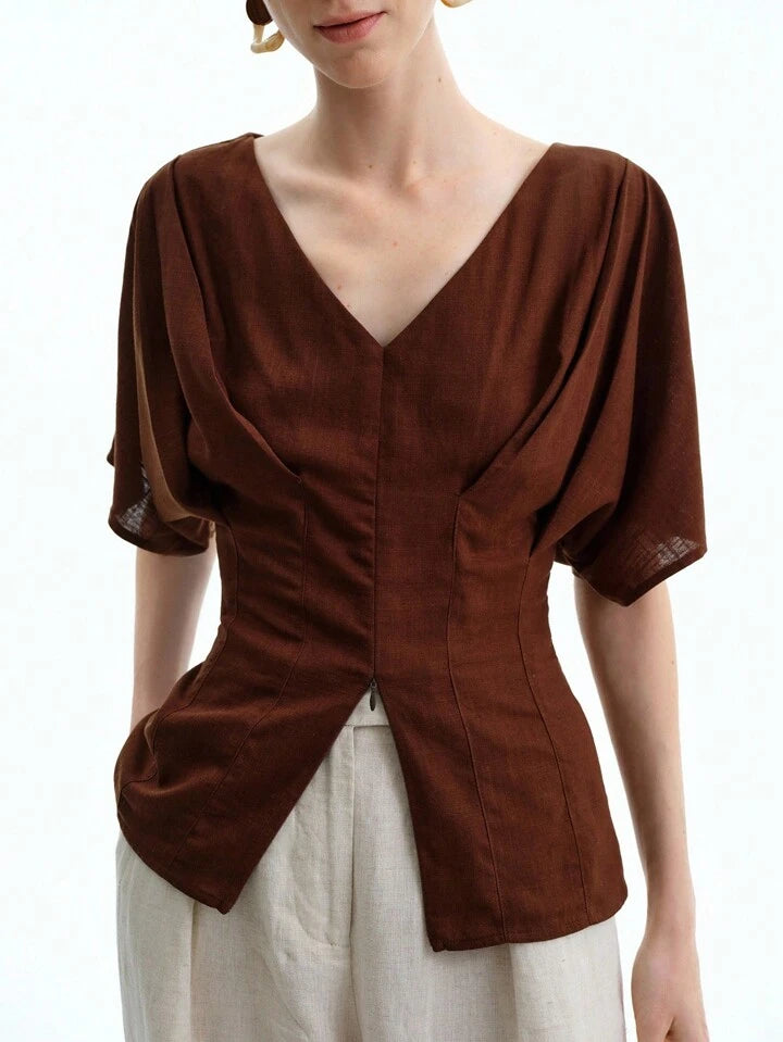 CM-TS441994 Women Casual Seoul Style Solid Color Linen V-Neck Gathered Fitted Raglan Sleeve Front Center Slit Blouse