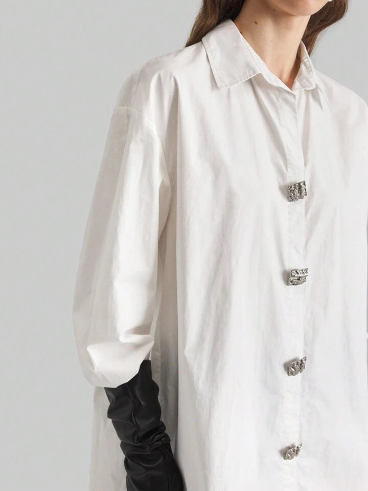 CM-TS195759 Women Casual Seoul Style Collar Neckline Drop Shoulder Asymmetrical Blouse - White