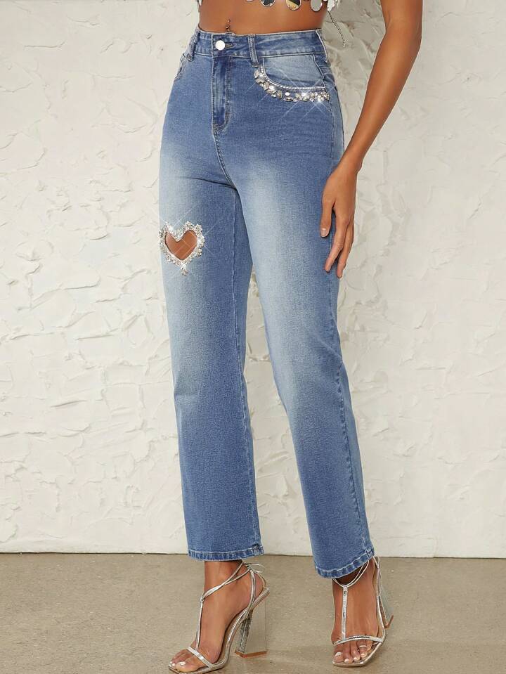 CM-BS655119 Women Casual Seoul Style High Waist Ripped Straight Leg Jeans With Rhinestone Heart Cut Out