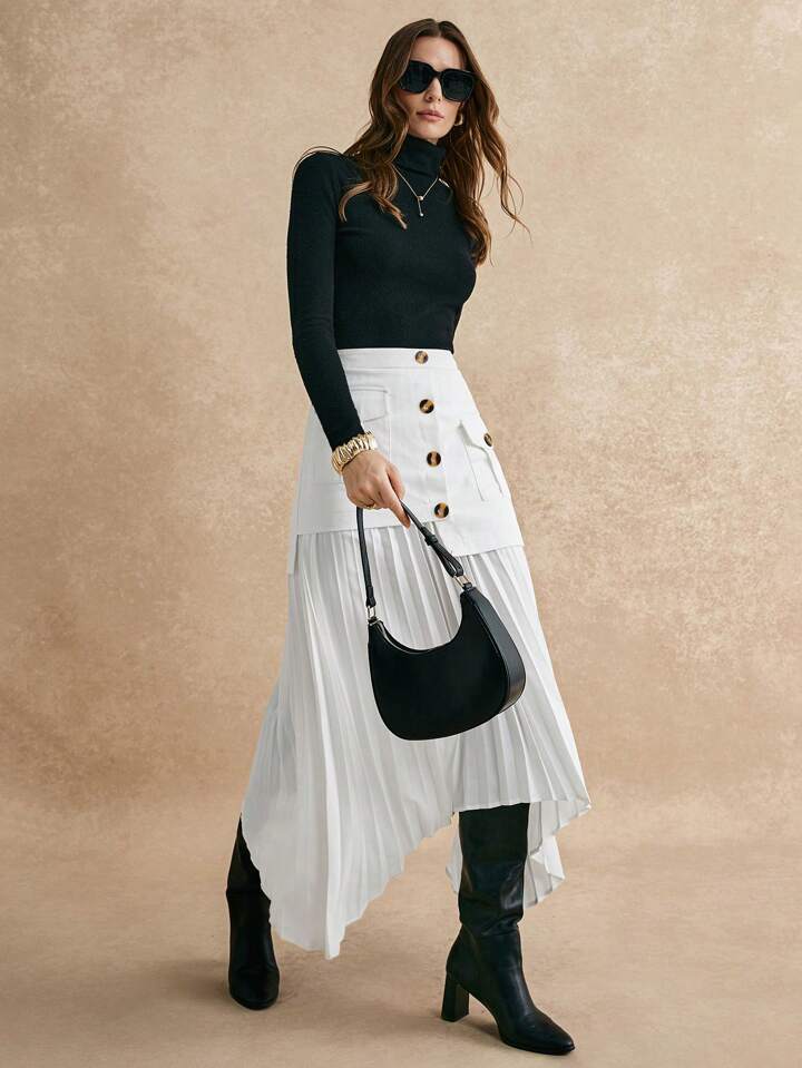 CM-BS110452 Women Elegant Seoul Style Ruched Patchwork Asymmetrical Hem A-Line Skirt - White