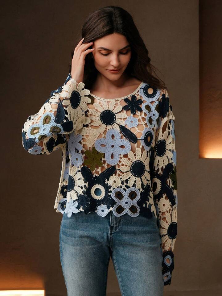 CM-CS203085 Women Trendy Bohemian Style Floral Hollow Out Knitted Long Sleeve Pullover Cover Up