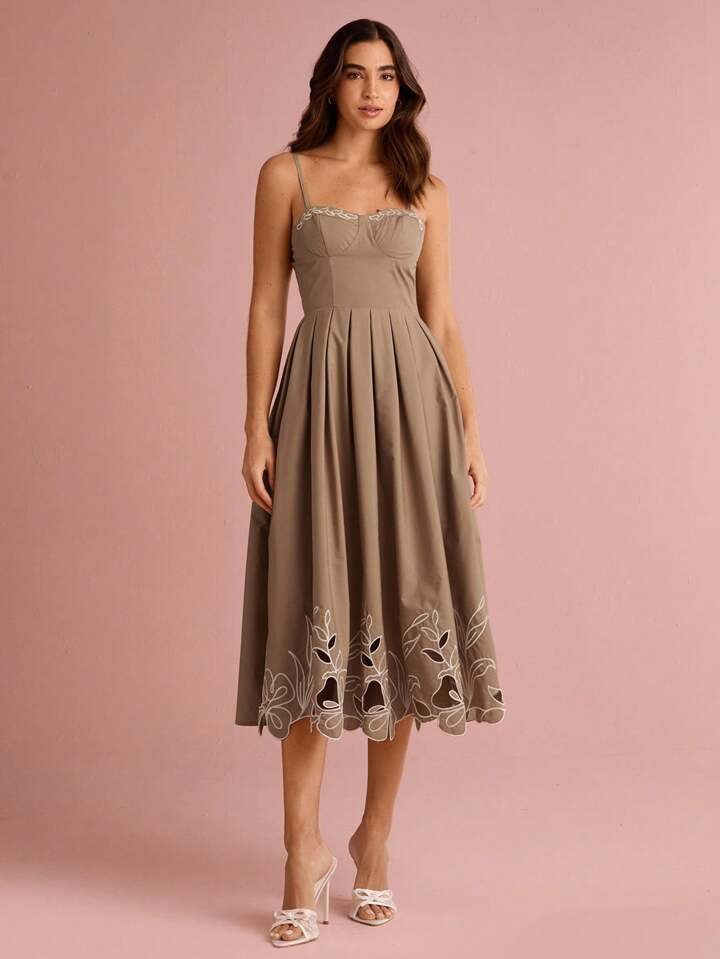 CM-DS616131 Women Trendy Bohemian Style Spaghetti Strap Hollow-Out Embroidery Slip Midi Dress