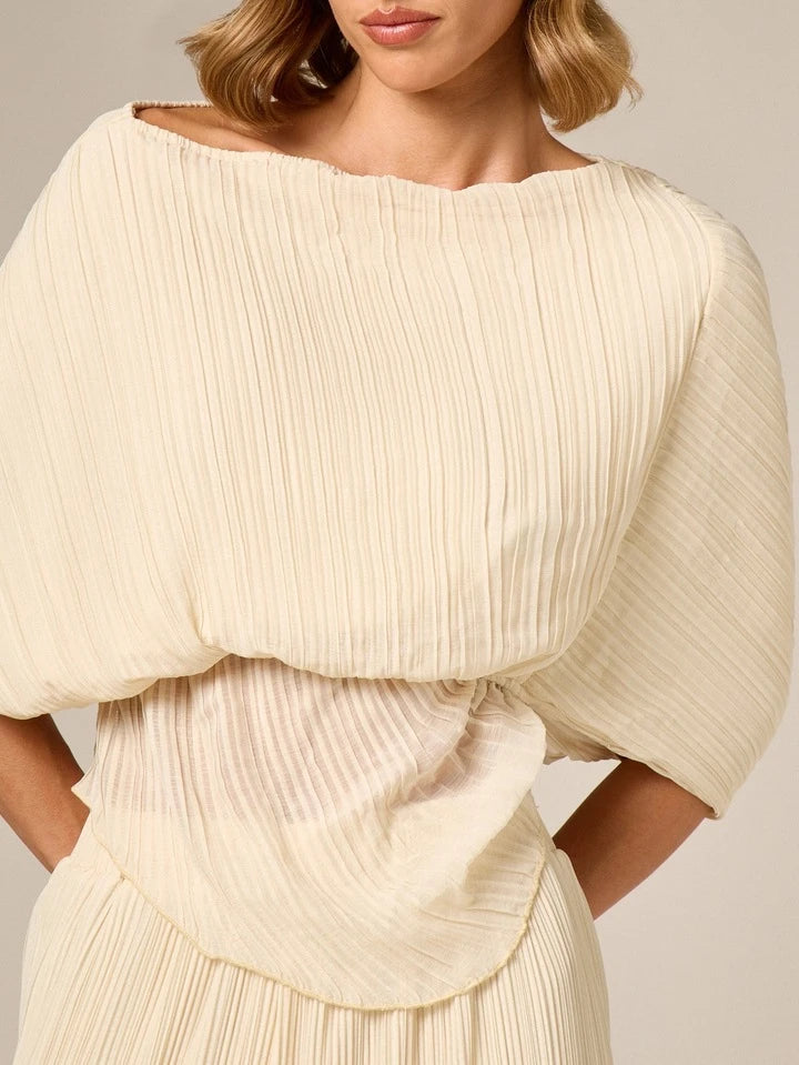 CM-TS515252 Women Casual Seoul Style Plisse Asymmetric Off Shoulder Batwing Sleeve Blouse - Apricot
