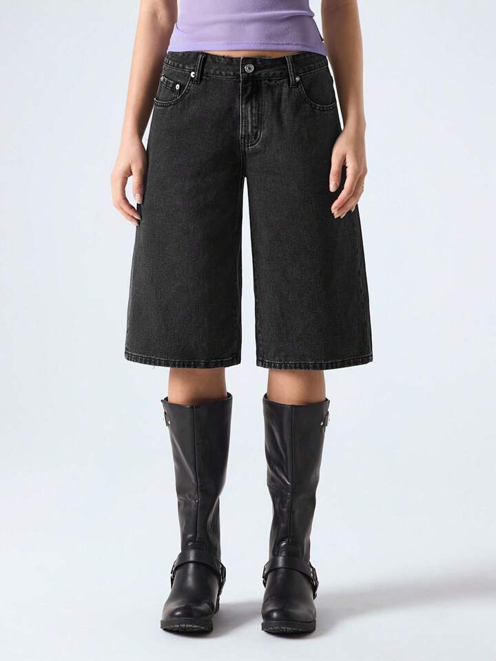 CM-BS668271 Women Casual Seoul Style Drop Waist Loose Denim Shorts - Black