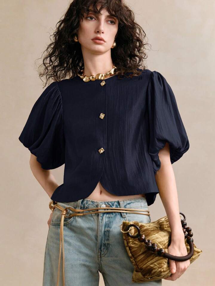 CM-TS037439 Women Elegant Seoul Style Satin Round Neck Puff Sleeve Golden Metal Button Decor Blouse - Navy Blue