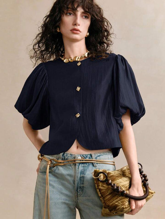 CM-TS037439 Women Elegant Seoul Style Satin Round Neck Puff Sleeve Golden Metal Button Decor Blouse - Navy Blue