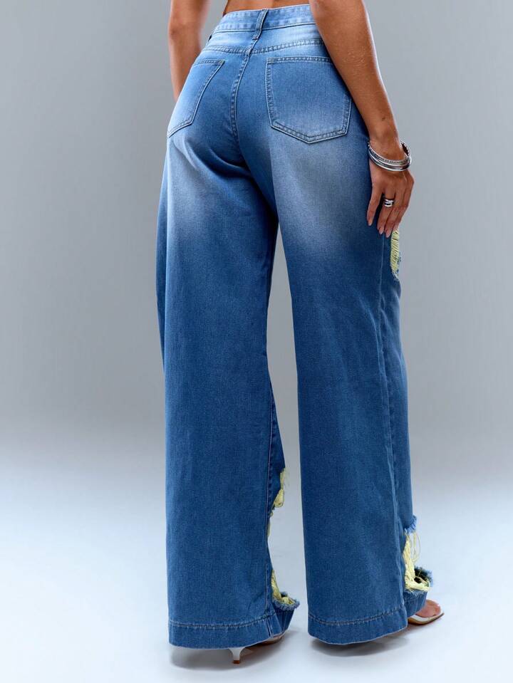 CM-BS471316 Women Casual Seoul Style Ultra Low Waist Printed Frayed Detail Jean - Blue