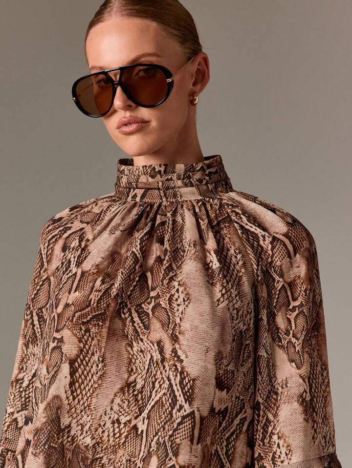 CM-TS424122 Women Elegant Seoul Style High Neck Print Extra Long Bell Sleeve Ruffle Layer Chiffon Blouse