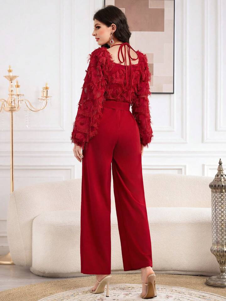 CM-JS726866 Women Elegant Seoul Style Square Neck Lantern Sleeve Waist Belt Jumpsuit - Red