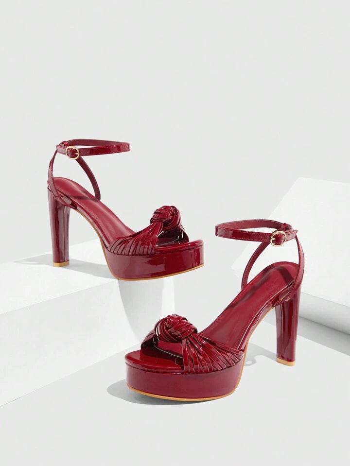 CM-SHS717609 Women Trendy Seoul Style Round Toe Chunky Knotted Detail High Heel Sandals - Burgundy
