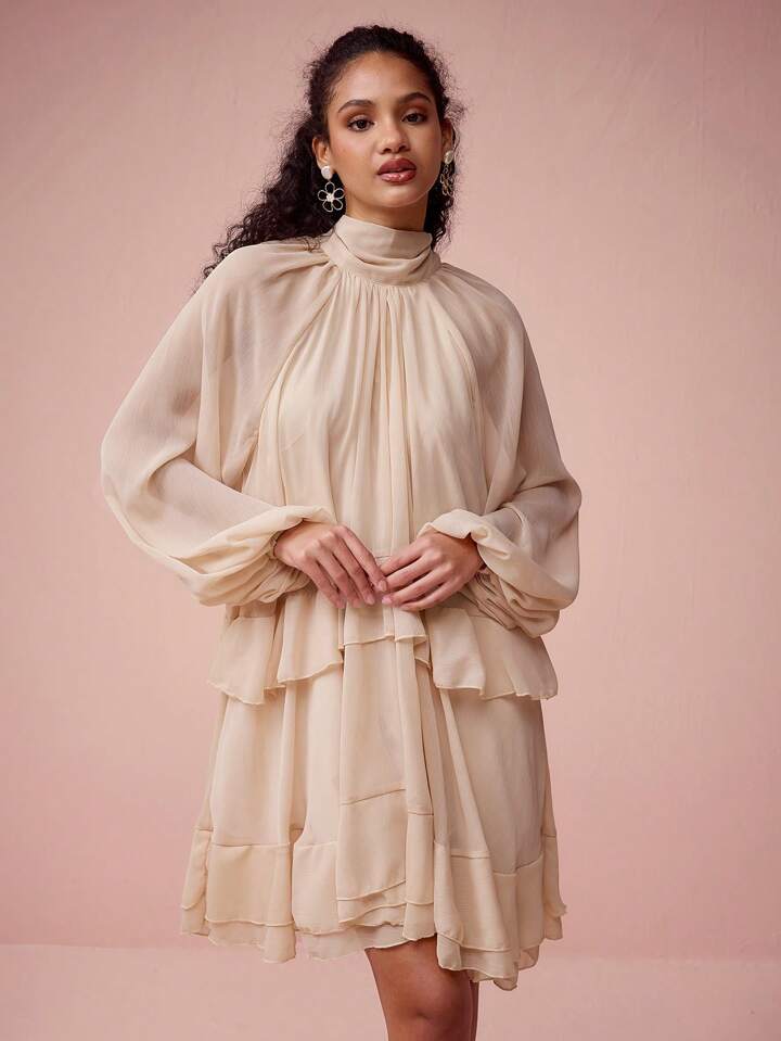 CM-DS462377 Women Elegant Seoul Style Stand Collar Lantern Sleeve Ruffled Short Dress - Apricot