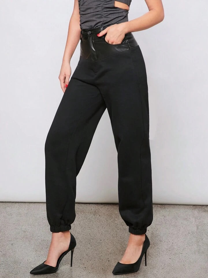 CM-BS171679 Women Elegant Seoul Style Solid Slant Pocket Sweatpants - Black