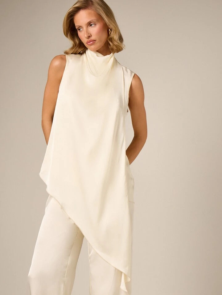 CM-TS197759 Women Elegant Seoul Style Satin Asymmetric Cowl Neck Sleevless Drape Blouse - Apricot