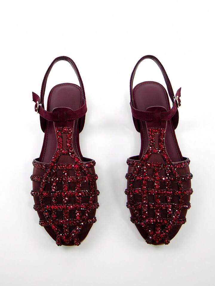 CM-SHS366289 Women Trendy Seoul Style Rhinestone Decor Hollow Faux Suede Round Toe Flats With Ankle Strap