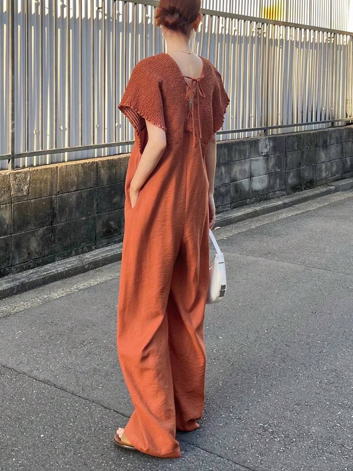 CM-JS607700 Women Trendy Bohemian Style V-Neck With Drawstring Jumpsuit Trousers - Orange