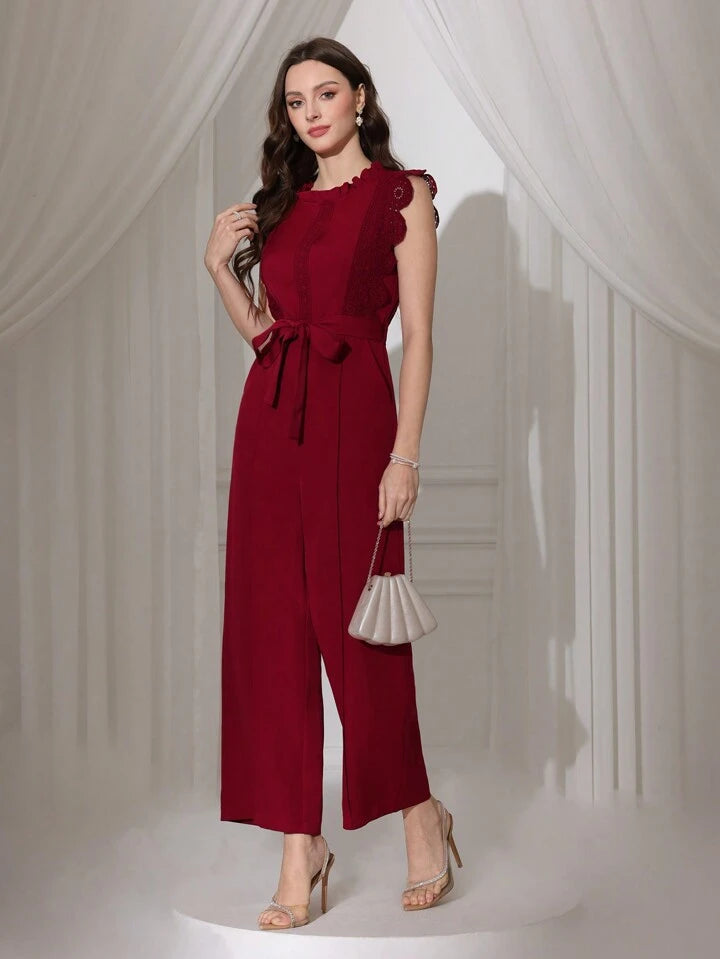 CM-JS463660 Women Elegant Seoul Style Lace Patchwork Sleeveless Straight Leg Jumpsuit - Burgundy