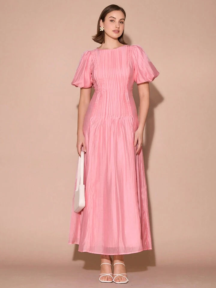 CM-DS173261 Women Elegant Seoul Style Round Neck Bubble Pleat Puff Long Sleeve Maxi Dress - Pink