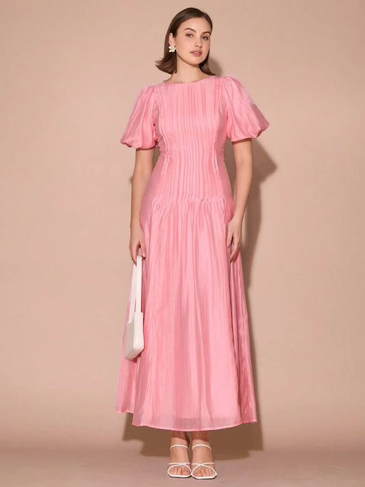 CM-DS173261 Women Elegant Seoul Style Round Neck Bubble Pleat Puff Long Sleeve Maxi Dress - Pink
