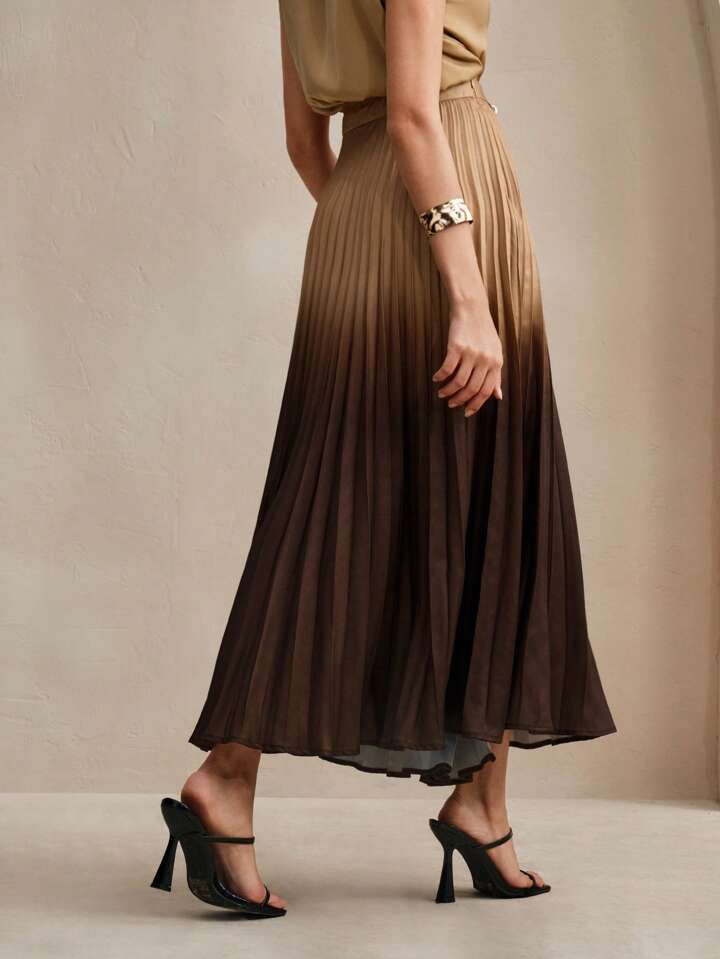 CM-BS892088 Women Elegant Seoul Style High Waist Ombre Pleated A-Line Maxi Skirt - Khaki