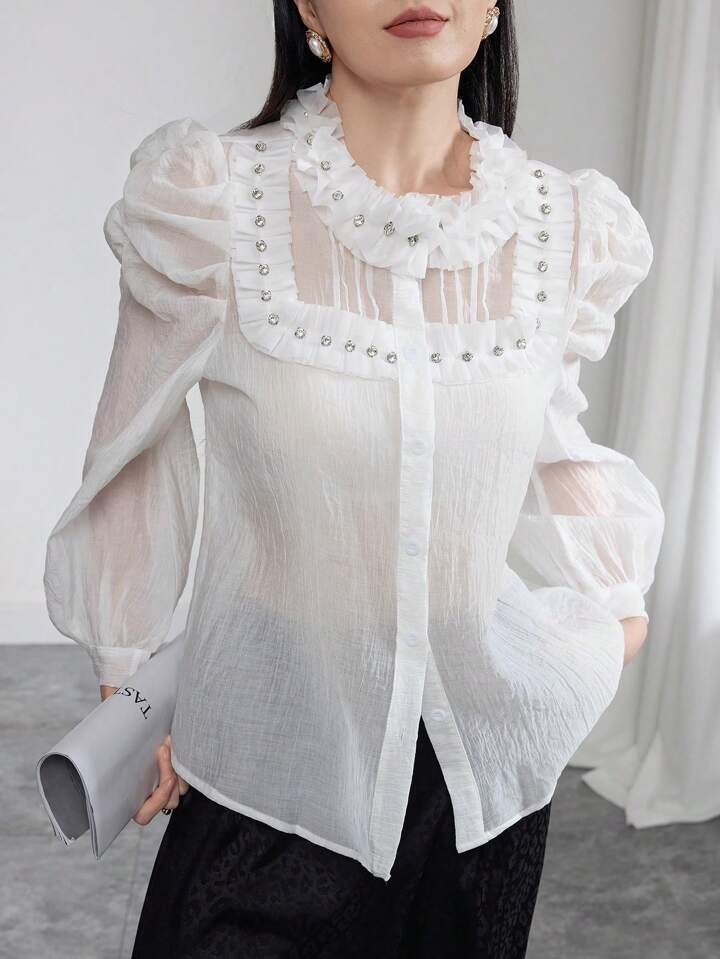 CM-TS720463 Women Elegant Seoul Style Stand Collar Long Sleeve Embellished Rhinestone Blouse - White