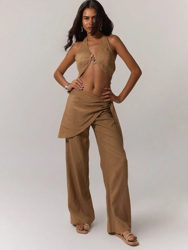 CM-BS115332 Women Trendy Bohemian Style Linen Look Layered Straight Leg Trousers - Brown