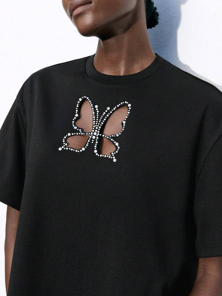 CM-TS355535 Women Casual Seoul Style Heart Hollow Out Drop Shoulder Loose T-Shirt - Black