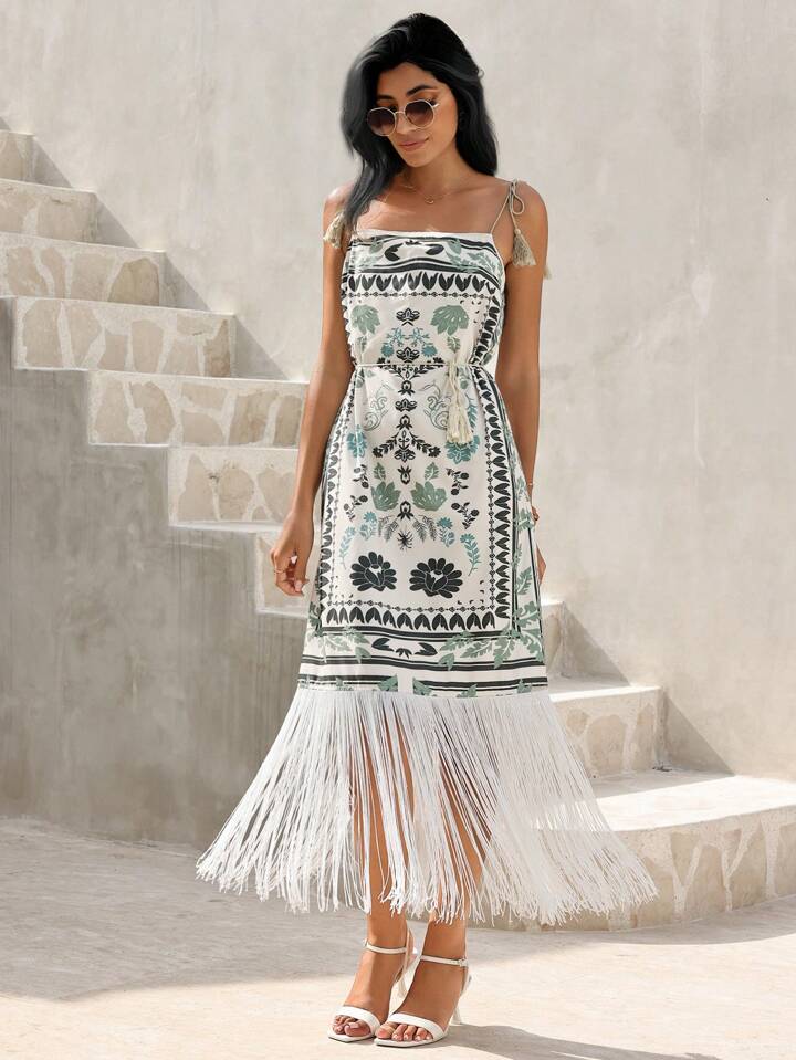 CM-DS375681 Women Trendy Bohemian Style Spaghetti Strap Fringe Decorated Sleeveless Dress