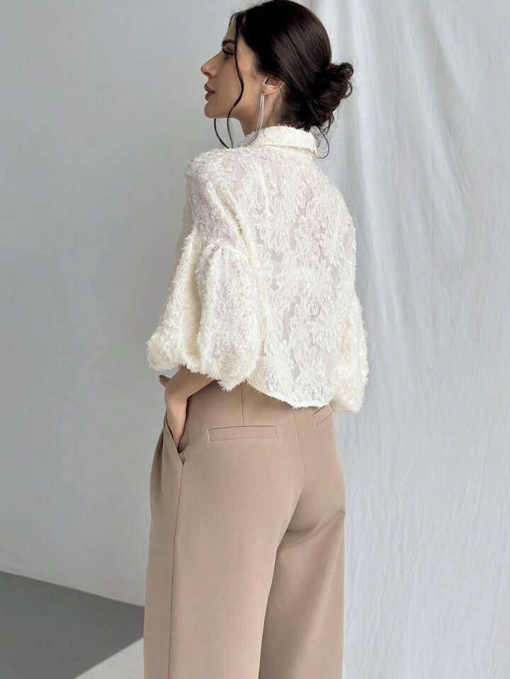 CM-TS123261 Women Elegant Seoul Style Cut-Out Floral Design Short Sleeve Shirt - Apricot