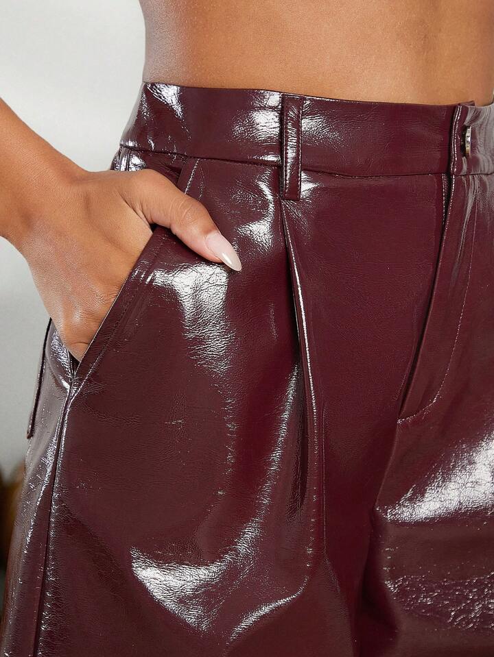 CM-BS499510 Women Elegant Seoul Style Slant Pocket PU Leather Wide Leg Pants - Burgundy