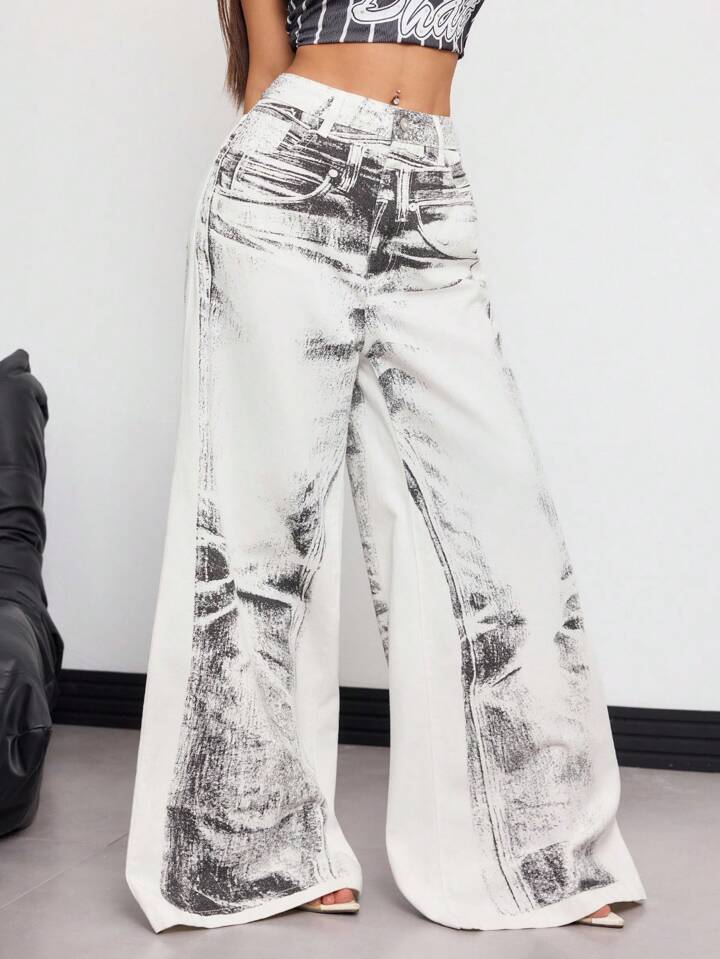 CM-BS908880 Women Casual Seoul Style Low Waist Washed Out Wide Leg Jeans - White