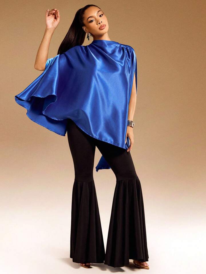 CM-TS529165 Women Elegant Seoul Style Stand Collar Satin Draped Asymmetrical Hem Cape Top - Blue
