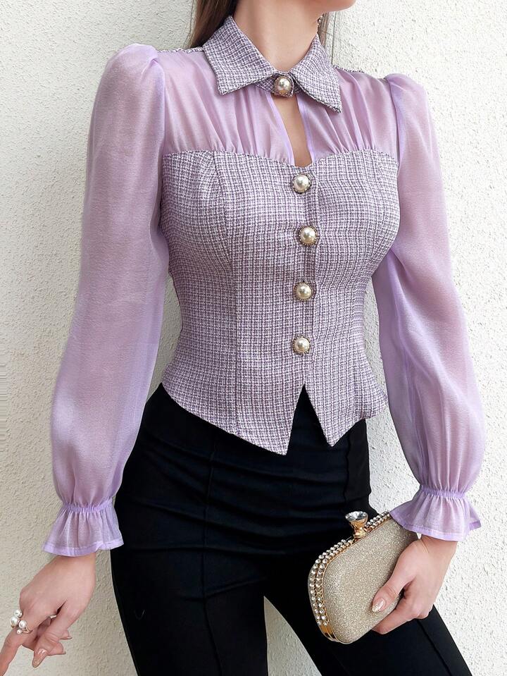 CM-TS721140 Women Elegant Seoul Style Patchwork Button Front Long Sleeve Shirt - Purple