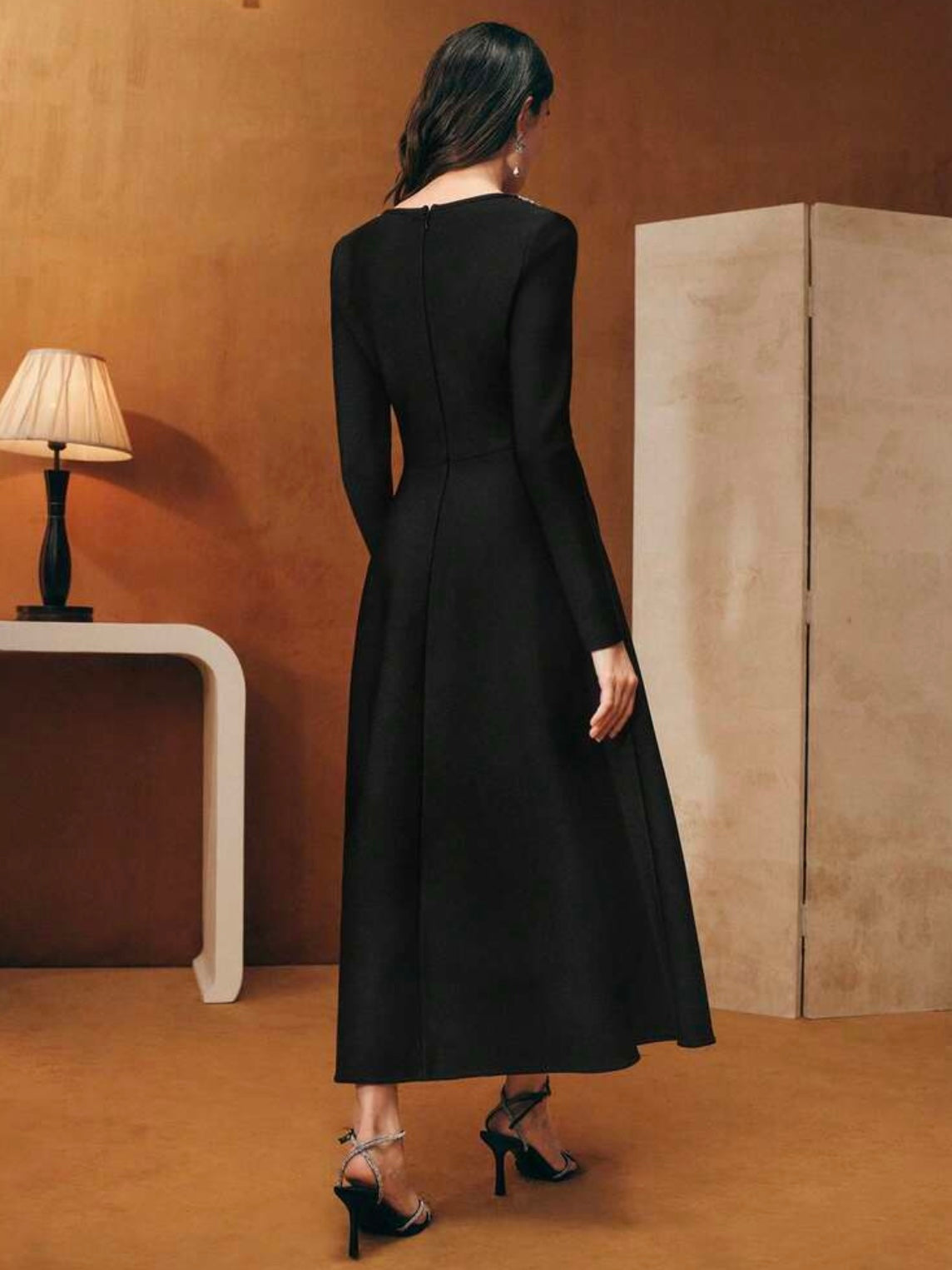 CM-DS016057 Women Elegant Seoul Style Square Neck Long Sleeve Rhinestone Bandage Ribbed A-Line Dress - Black