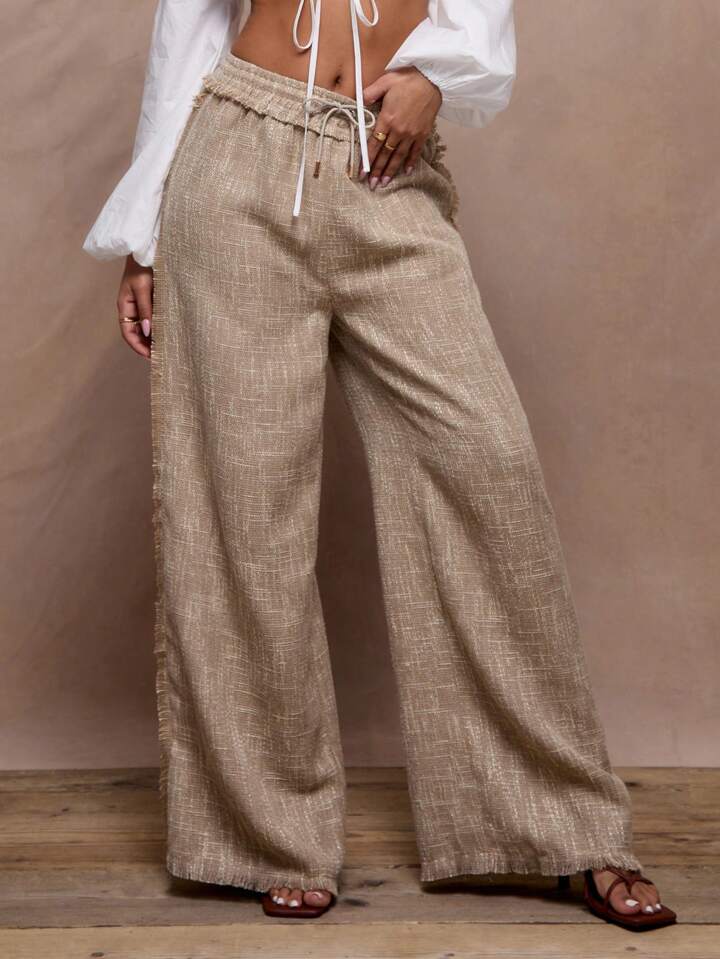 CM-BS646463 Women Trendy Bohemian Style Linen Fray Trim Wide Leg Trouser