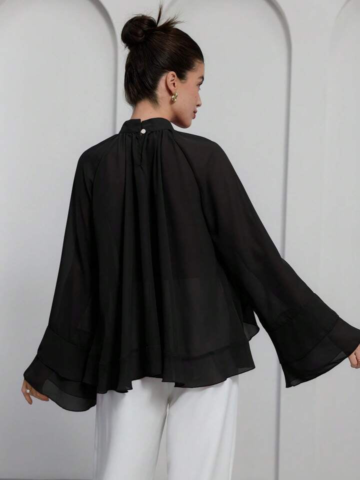 CM-TS617386 Women Casual Seoul Style Stand Collar Long Sleeve Chiffon Cascading Ruffled Blouse - Black
