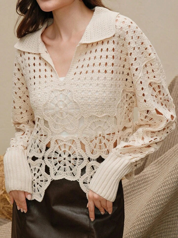 CM-CS191991 Women Elegant Seoul Style Loose Fit Turndown Collar Hollow Out Long Sleeve Sweater - Apricot