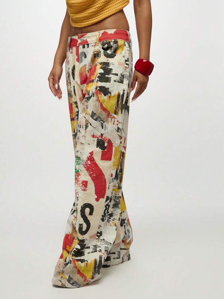 CM-BS263522 Women Casual Seoul Style Mid Waist Distressed Graffiti Print Wide Leg Baggy Jeans