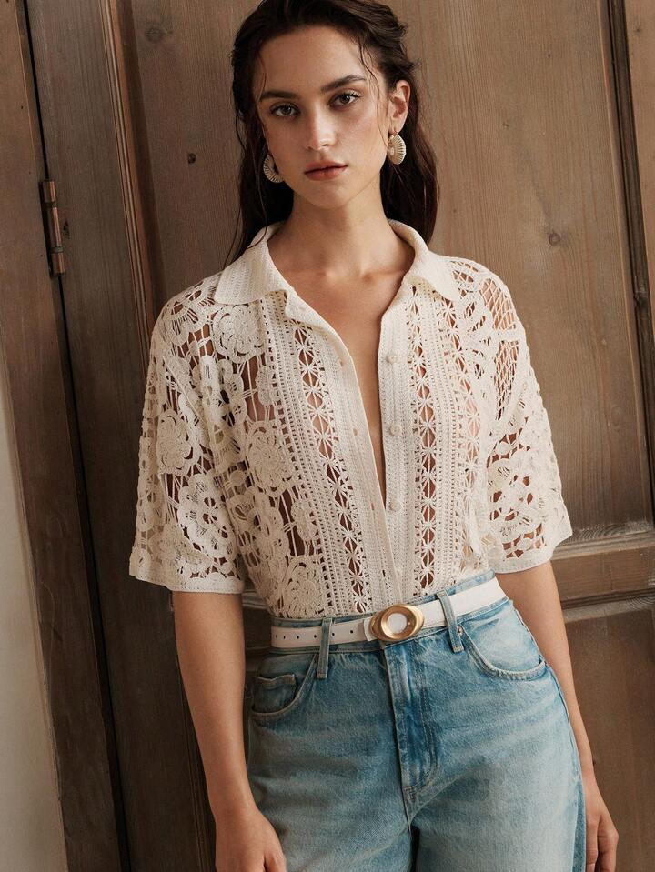 CM-TS333933 Women Casual Seoul Style Hollow Floral Asymmetric Loose Polo Collar Crochet Blouse