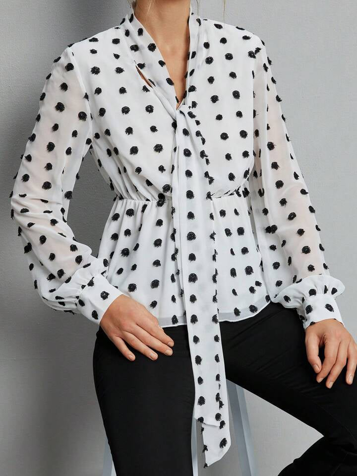 CM-TS424444 Women Casual Seoul Style Keyhole Neckline Polka Dot Printed Ruffle Hem Shirt
