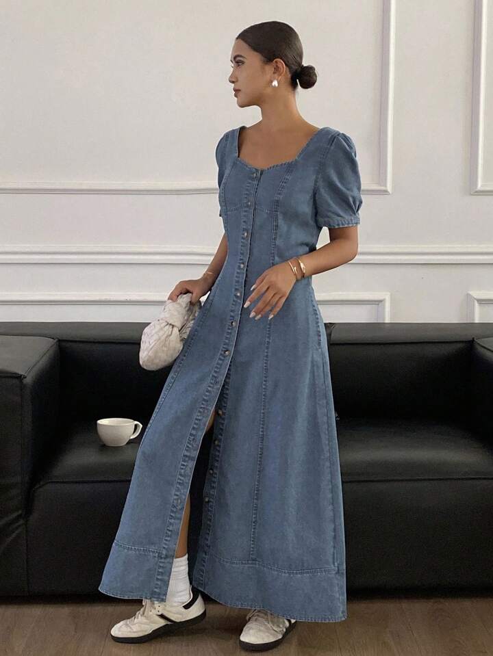 CM-DS733777 Women Casual Seoul Style Square Neck Puff Sleeve Waist Cinched Denim Dress - Blue
