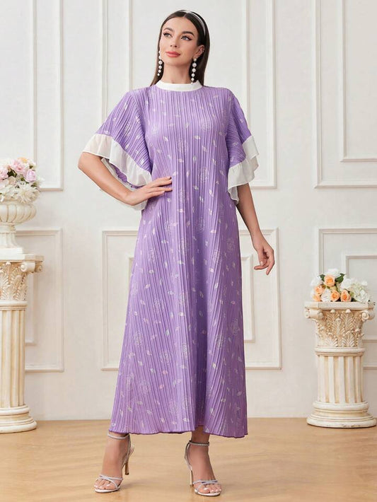 CM-DS265121 Women Trendy Bohemian Style Floral Print Color Block Lotus Leaf Short Sleeve Dress